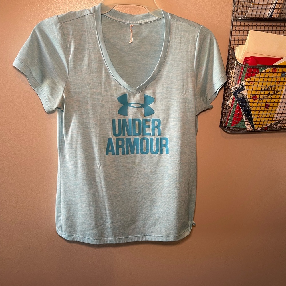 Under Armour Sky Blue V-Neck Logo Short Sleeve Tee